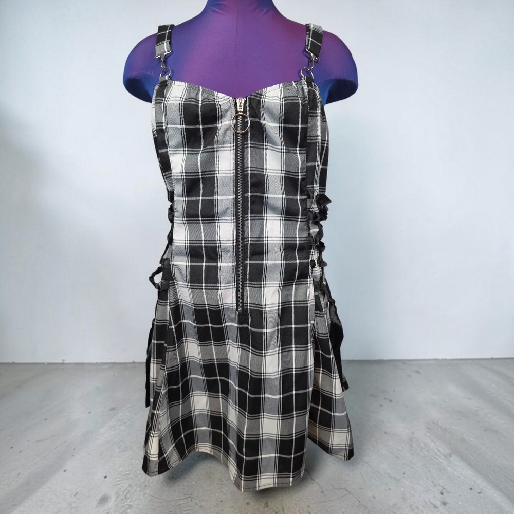 Widow Dolls Kill Black White Plaid Lace Up Corset O-Ring Zip Mini Dress XXL